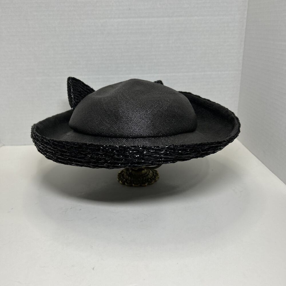 Vtg Hattie Carnegie I Magnin Co., Black Cloche Hat 1950s Woven Ratten Bow Hat